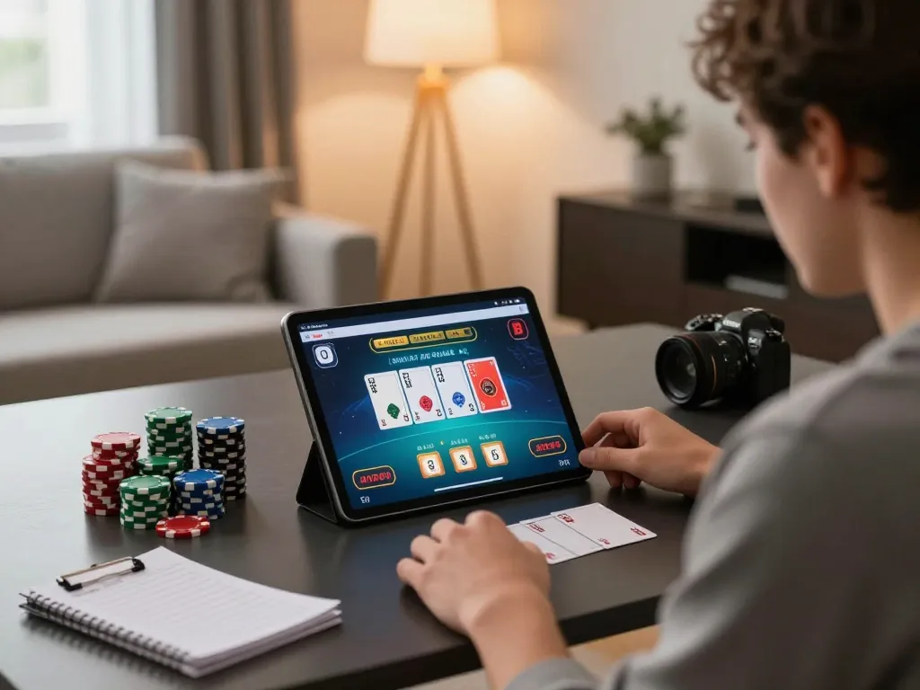 88aa player engaged in a live dealer blackjack game on tablet at home, showcasing colorful poker chips and strategy notes.