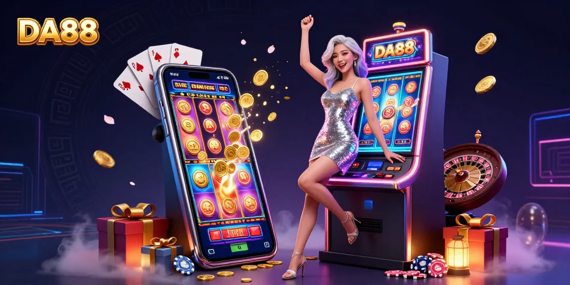 Play photorealistic slots action with DA88, vibrant celebration, and jackpot visuals amidst casino elements.