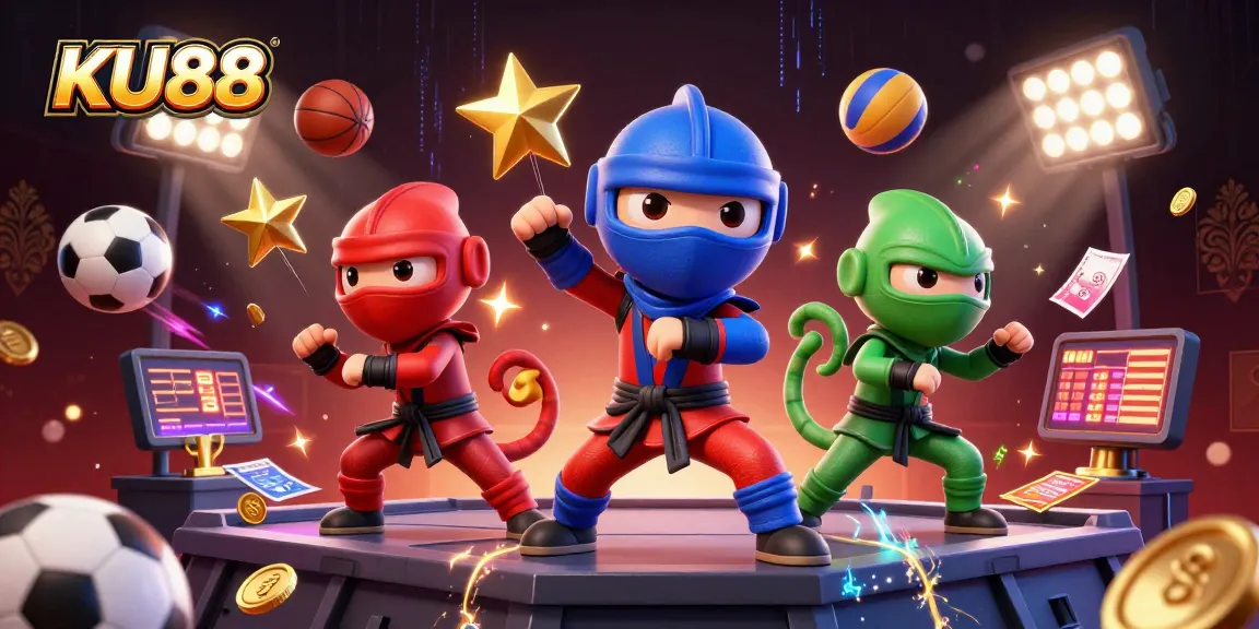 Witness the thrilling action of KU88 as ninja chameleons showcase synchronized martial arts amidst dynamic sports elements.