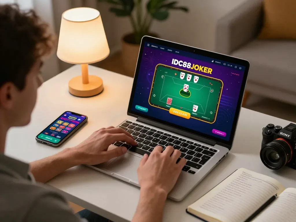 Engaging gameplay on IDC88JOKER displayed on a laptop, reflecting strategic online gambling atmosphere.