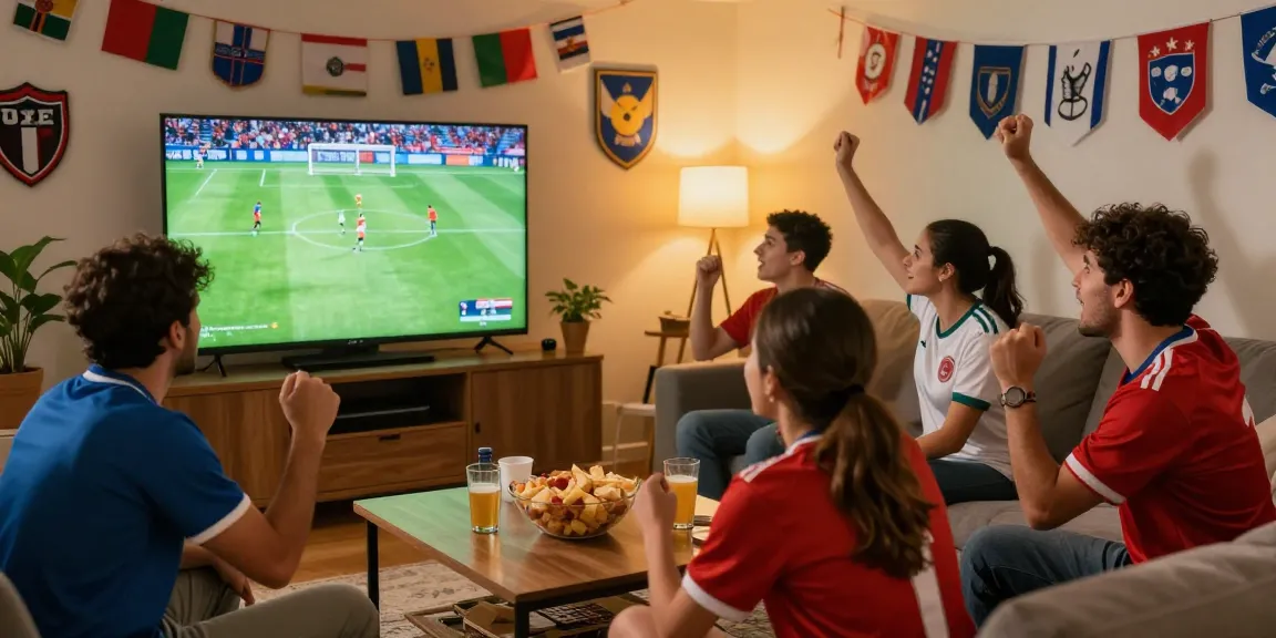 شاهدة مباريات كأس العالم بث مباشر with friends enjoying an exciting football match in a cozy living room.