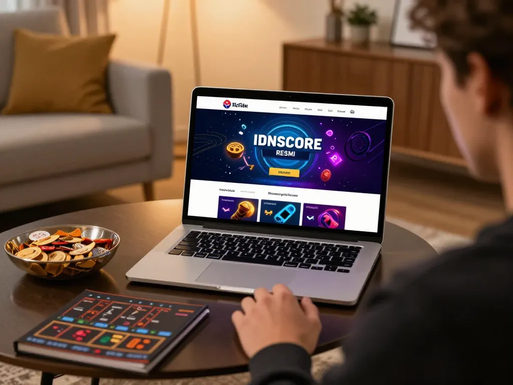 IDNSCORE RESMI offers an interactive gaming experience on a laptop with colorful graphics.