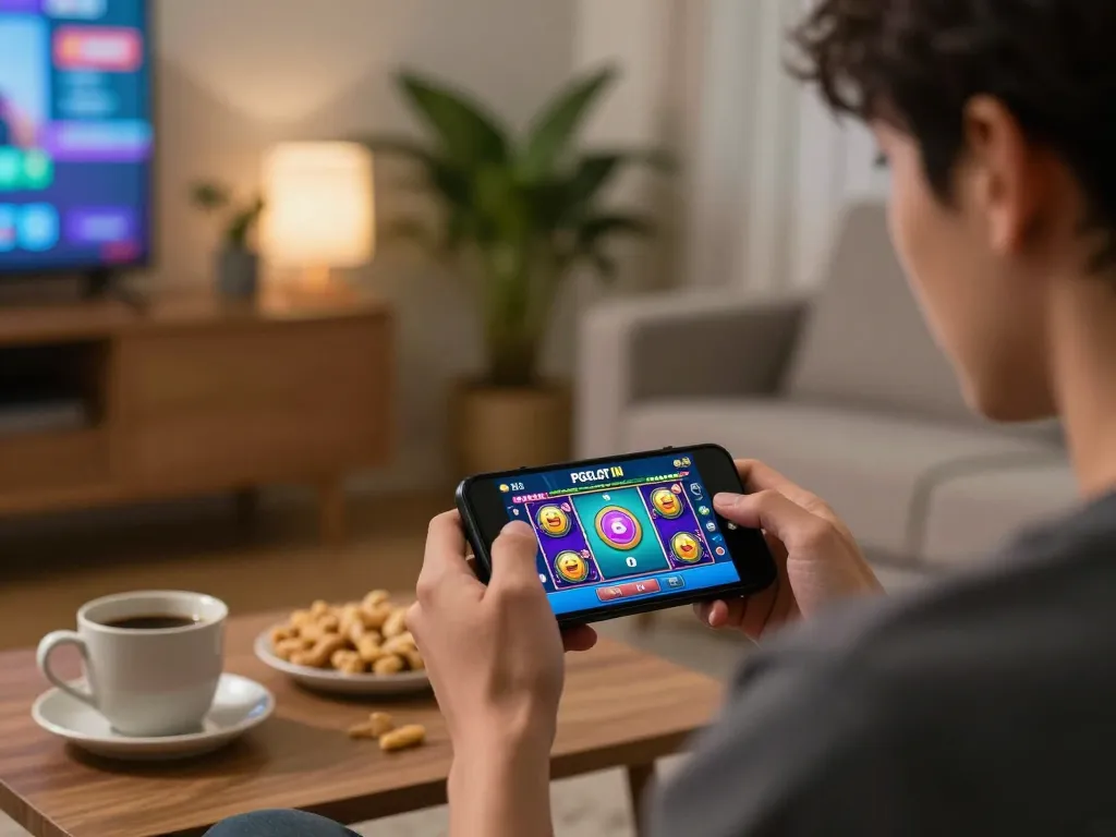 Engaging with PGSLOT IN app on smartphone, showcasing vibrant slot game action.