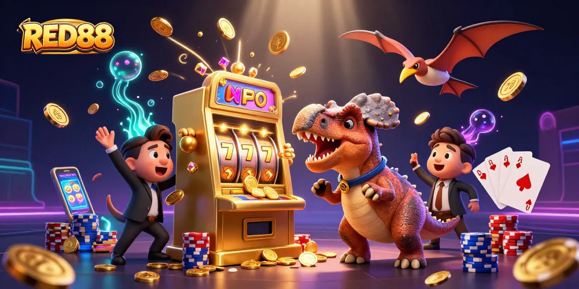 Experience the excitement of RED88 with a cartoon dinosaur jackpot and cascading coins.