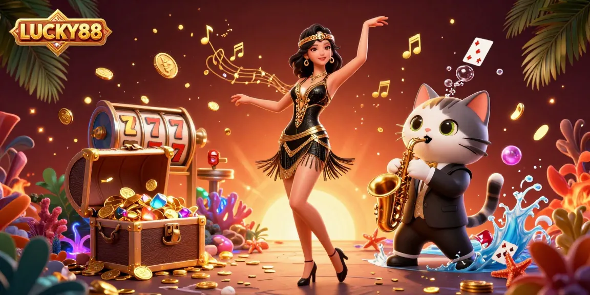 Experience the thrilling action of LUCKY88 with vibrant slot reels, festive elements, and golden treasures!