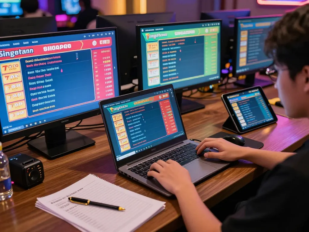 Engaging in online gambling with pengeluaran singapore displayed prominently on multiple devices in a cozy gaming environment.