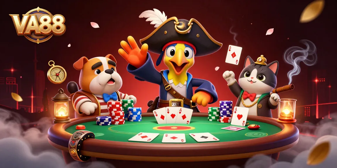 VA88 engages gamblers with an exciting poker scene featuring vibrant characters and casino elements.