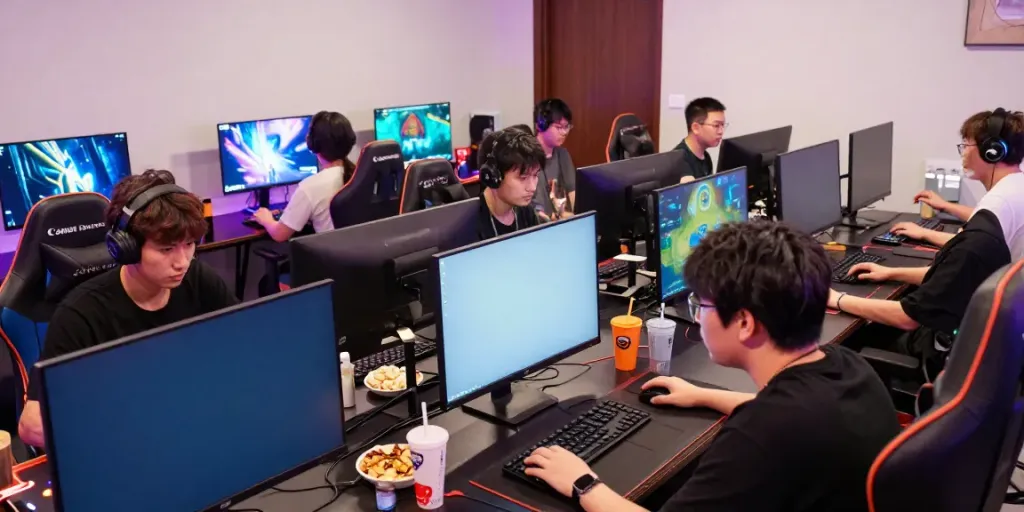 Akunjp online gaming scene with players immersed in action, displaying vibrant graphics and competitive energy.