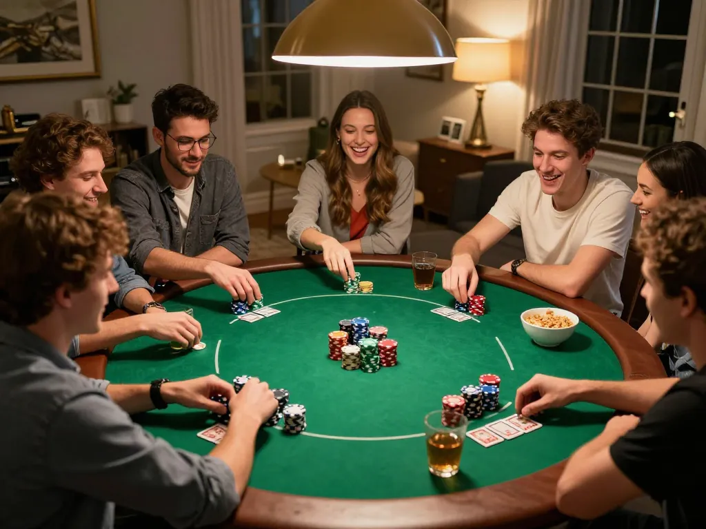 KADAL778 home poker night with friends enjoying the game, vibrant chips, and cozy ambiance