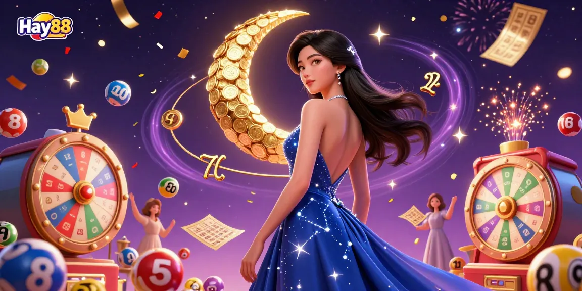 Experience winning at Hay88 with a vibrant 3D casino scene filled with lottery elements and magical effects.