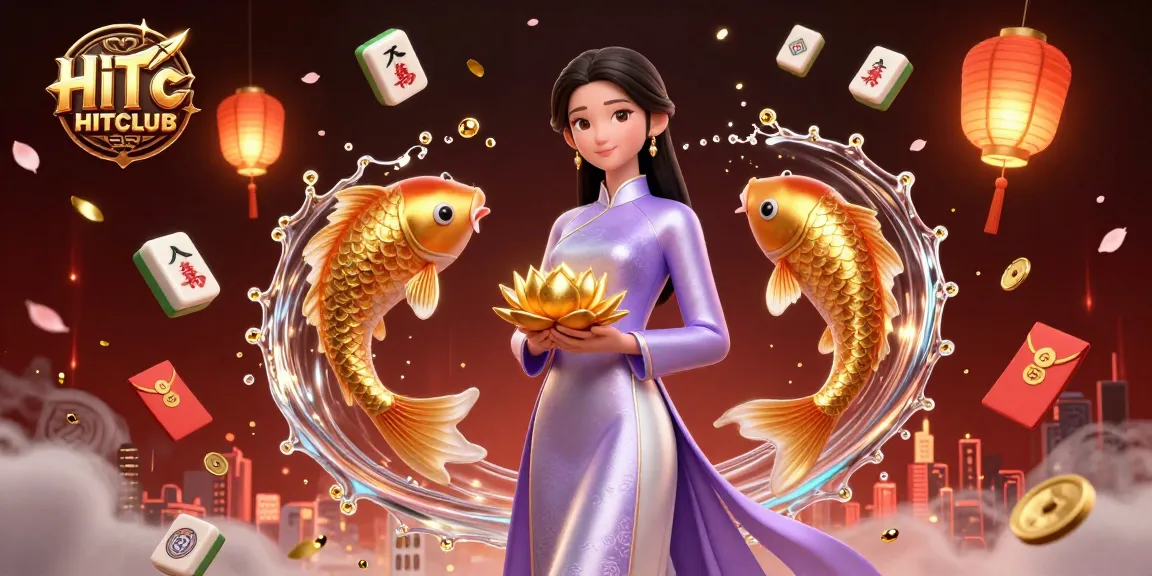 Engage with HITCLUB's vibrant casino world, featuring a stunning Asian woman amidst golden koi, playing tiles, and festive decorations.