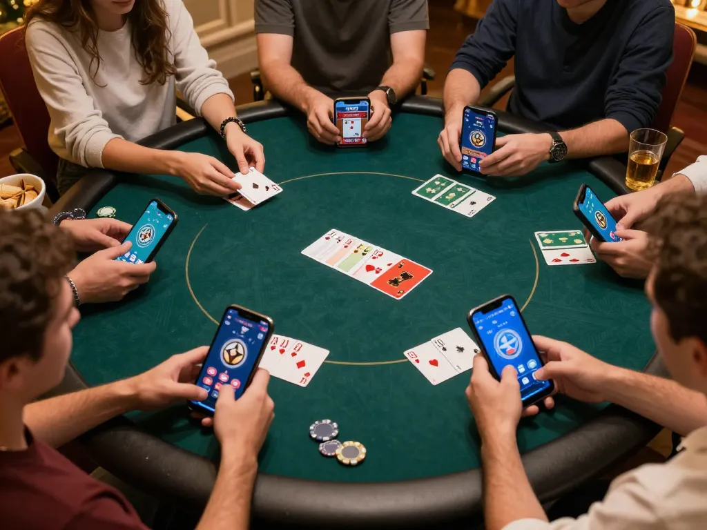 MPO08 players enjoying a social online poker game using smartphones, showcasing a fun gambling atmosphere.