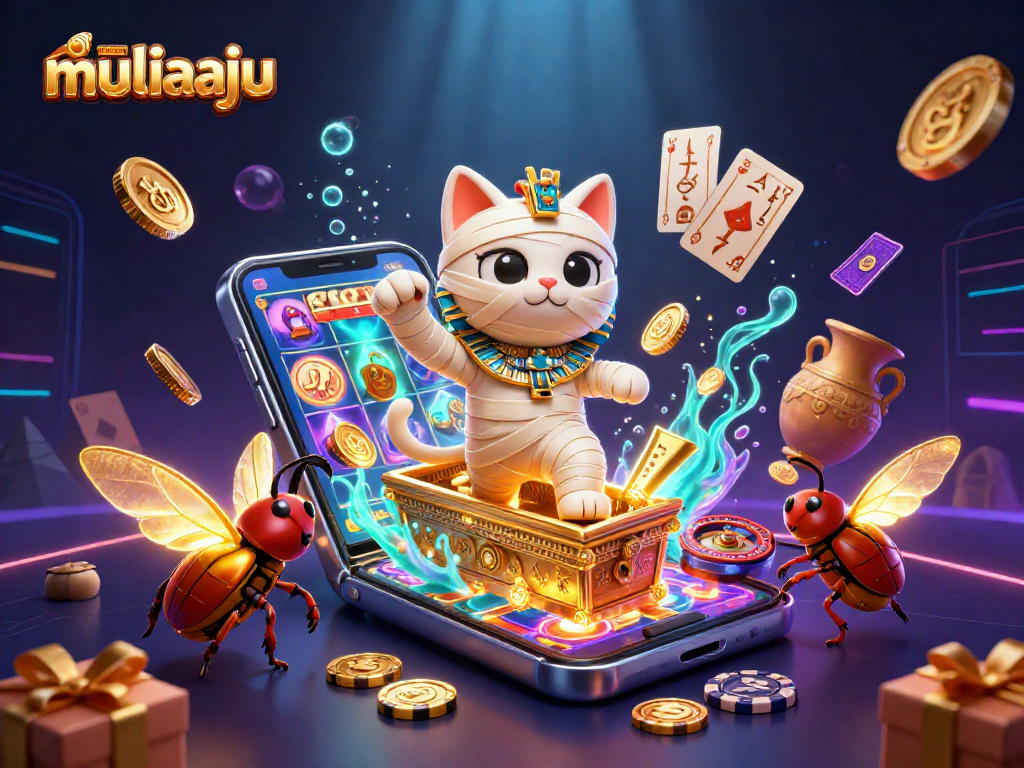 Experience the excitement at muliaaju with a dynamic scene of a mummy cat and glowing scarab in a vibrant casino.