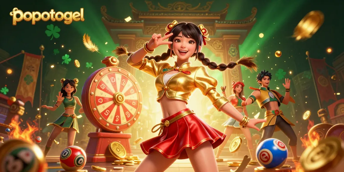 Experience thrilling games with popotogel's vibrant 3D illustration of lottery excitement and winning energy.