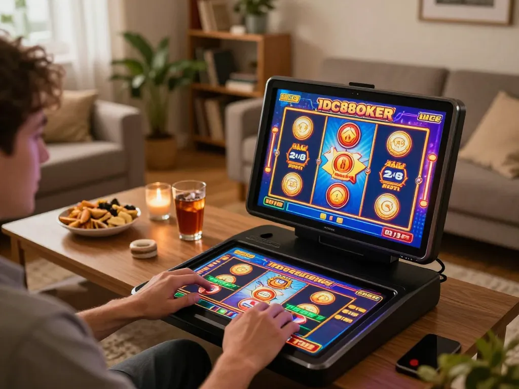 Play thrilling slot games with IDC88JOKER on a cozy home setup, showcasing exciting gaming experience.