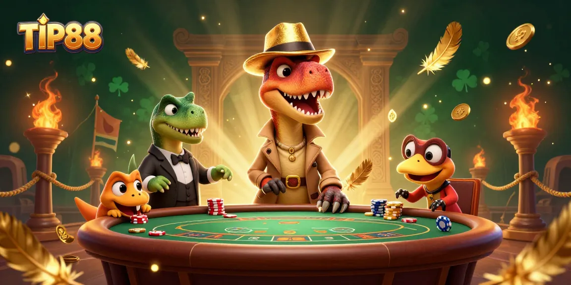 Engage with TIP88 for thrilling blackjack action featuring cartoon velociraptor and stegosaurus casino elements.