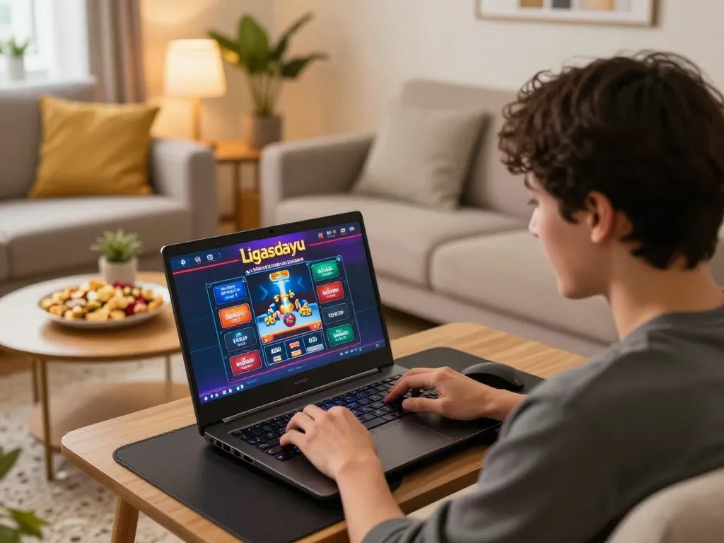 Engaged player strategizing on the Ligasedayu online casino platform from a cozy home setting.