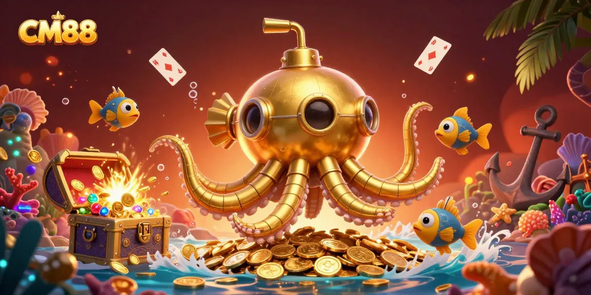 Experience the excitement of CM88 with a vibrant underwater treasure hunt scene featuring a golden kraken amidst riches.