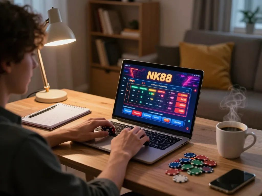 Player engaging with NK88 online gaming app on laptop at home, showcasing a cozy atmosphere and strategic focus.