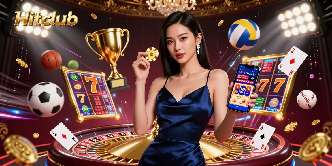 Hitclub presents an engaging gaming scene, depicting a confident player immersed in casino action, showcasing slot reels and betting excitement.