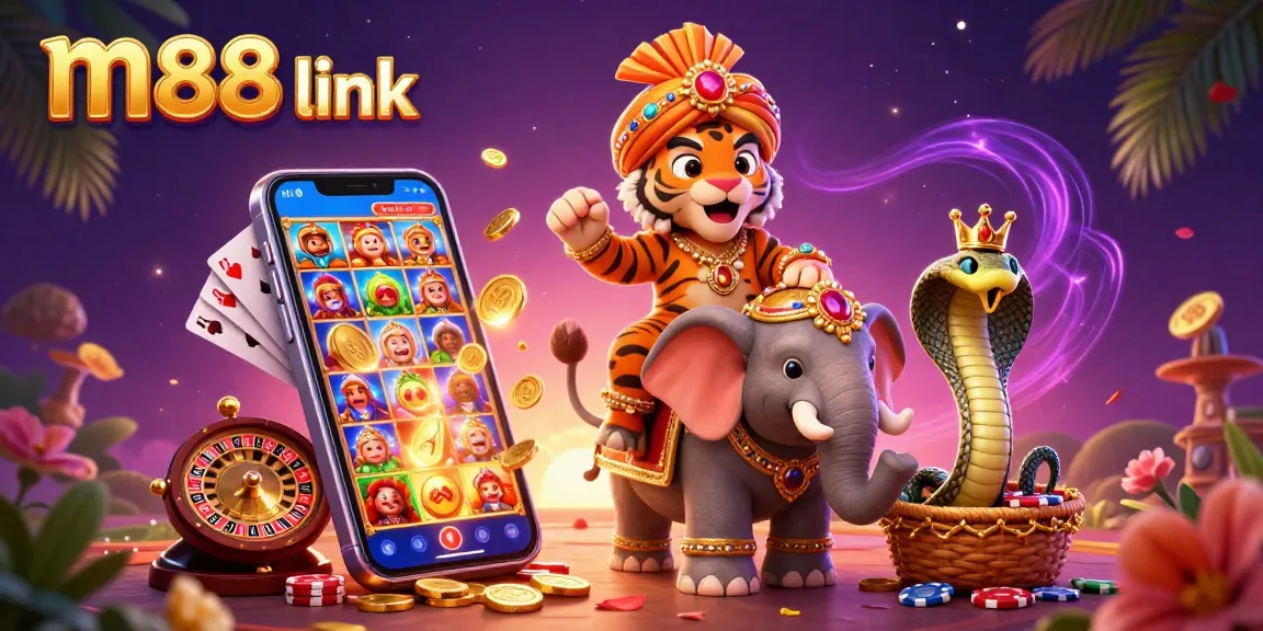 Engage with the m88 link, featuring a 3D cartoon maharaja tiger and jewel-encrusted elements creating a vibrant casino atmosphere.