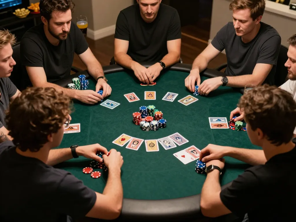 Players engaging in a friendly high-stakes game of poker featuring SC88 themed cards and chips.