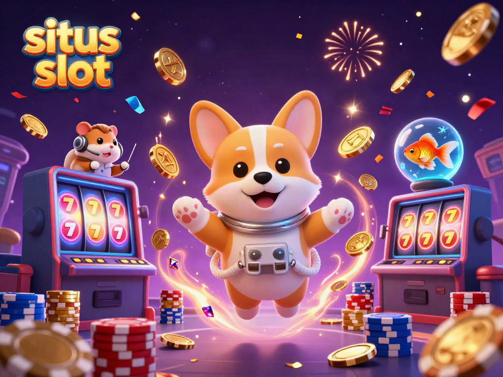 Ilustrasi 3D karakter astronaut corgi bermain situs slot dengan koin dan chip poker mengapung di ruang angkasa.