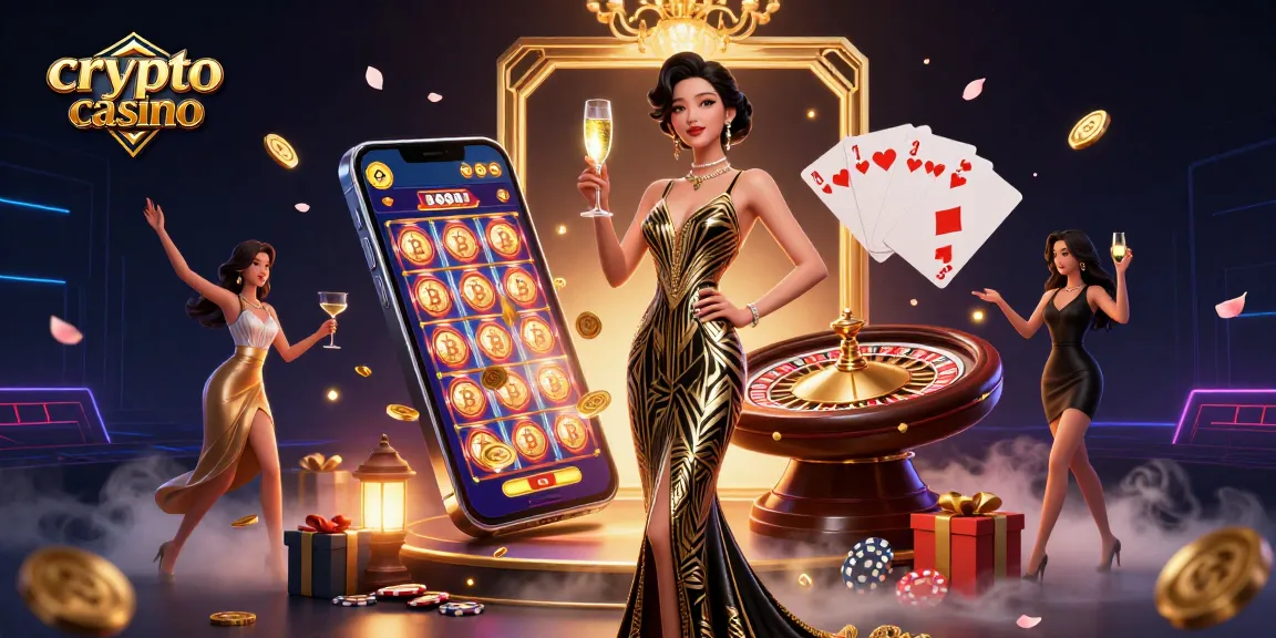 Engage at a crypto casino with an elegant Asian woman holding a champagne glass and vibrant game elements.