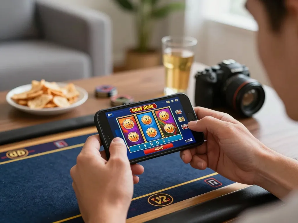 Experience thrilling gameplay on nagapoker app, highlighting a smartphone displaying vibrant slot graphics during an engaging session at home.