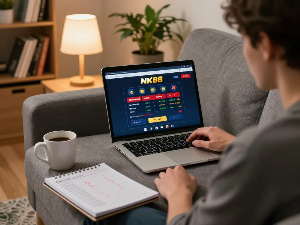 Player strategizing for online gambling at NK88 COM on a laptop in a cozy setting.