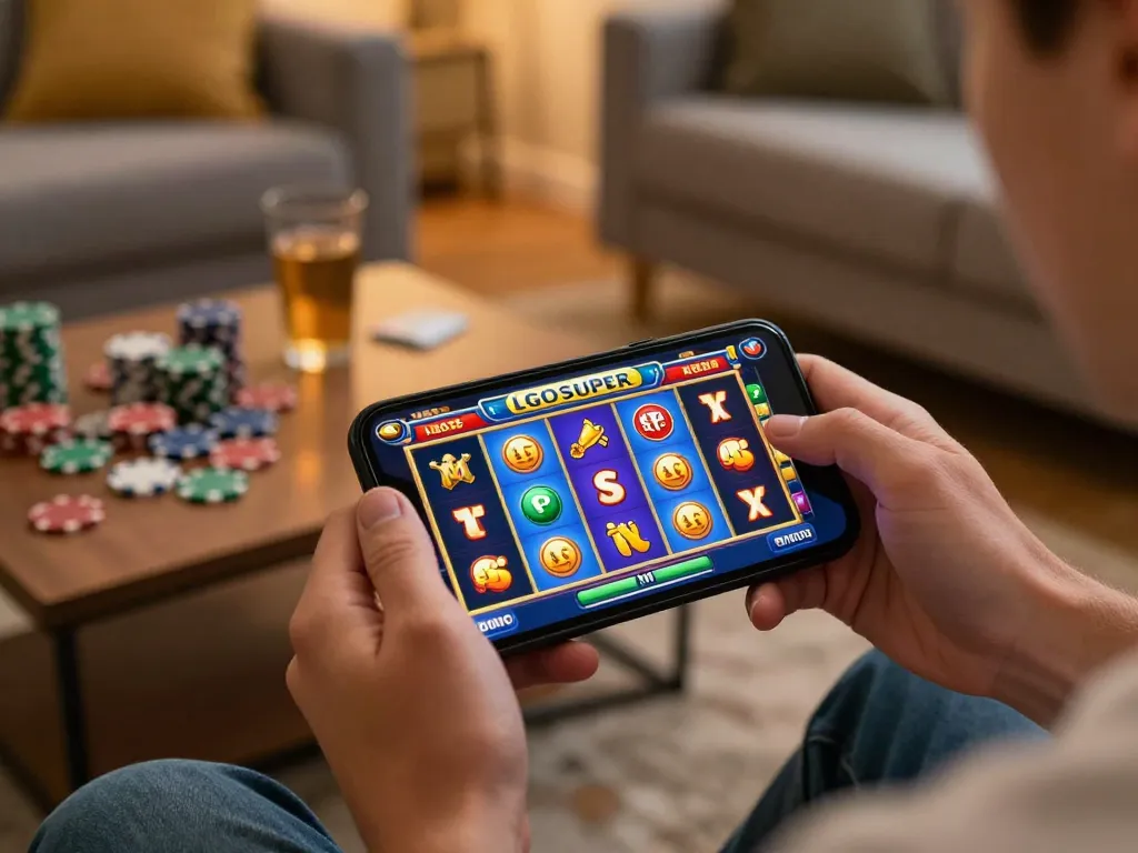 Players enjoying thrilling LGOSUPER online slots gameplay on mobile device with colorful reels.