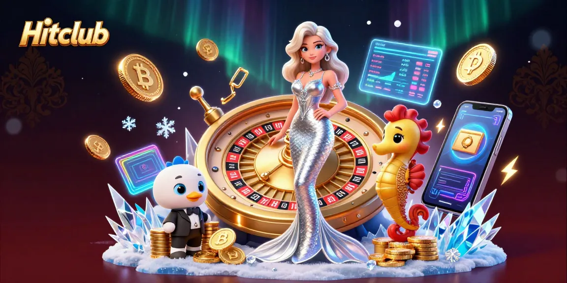 Engage with Hitclub's thrilling casino experience featuring a glamorous woman and a golden roulette wheel.