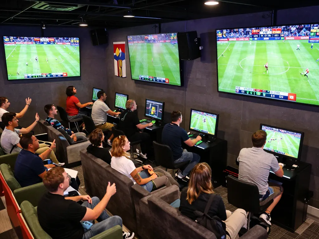 Engaging scene focused on kèo bóng đá at a lively sports betting venue with fans placing bets.