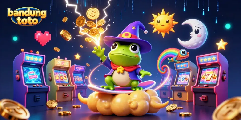 Experience big wins with bandung toto as a wizard frog conjures gold coins in a magical casino scene.