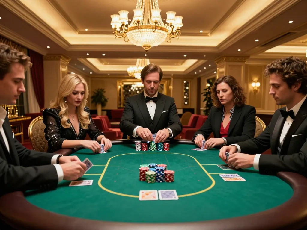 IWIN CLUB high-stakes poker game in elegant high-roller room, players focused on cards with vibrant chip stacks