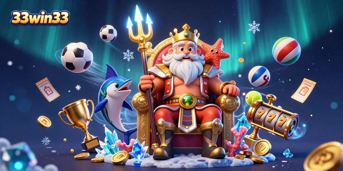 Experience exciting games at 33win33, featuring Neptune, slot reels, and golden trophies in dynamic casino theme.