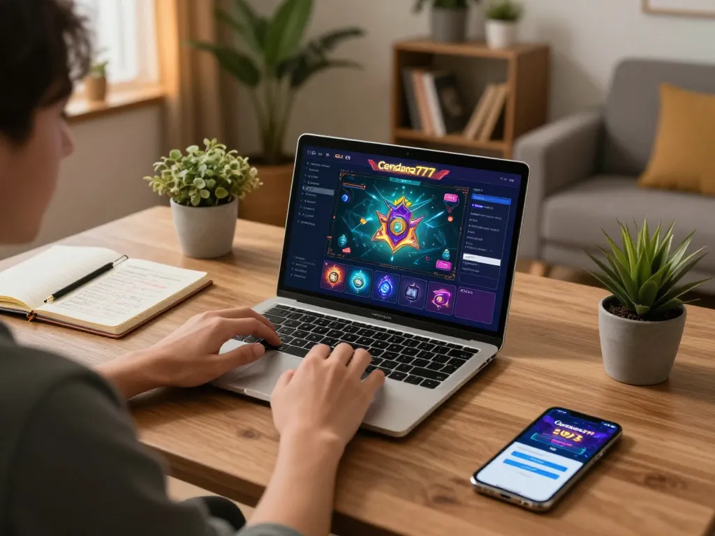Cendana777 login screen displayed on a laptop during online gaming session in a cozy setting.