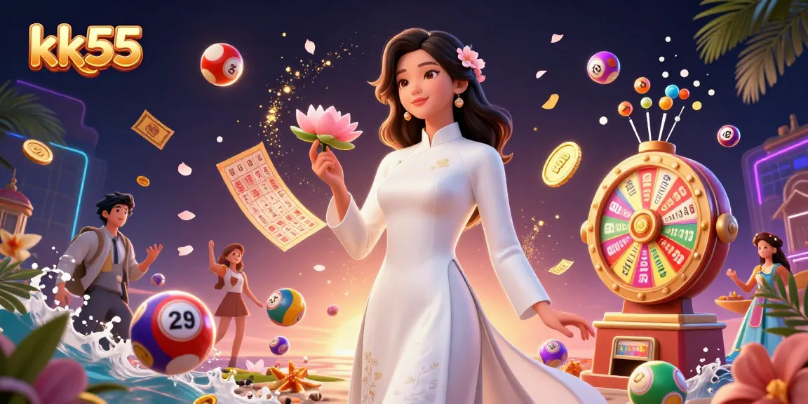 Engage in vibrant gaming excitement at kk55 with colorful lottery elements surrounding a serene character.