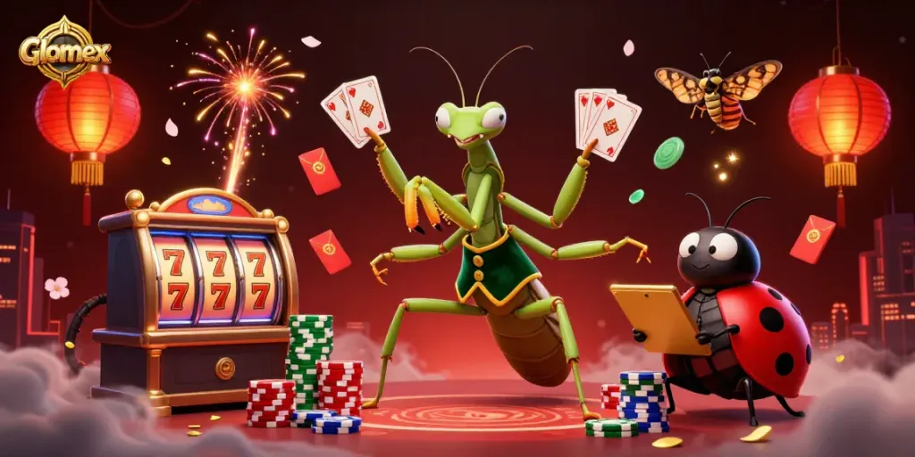 Engage in thrilling gaming with Glomex's vibrant casino scene featuring card dealing mantis and colorful motifs.