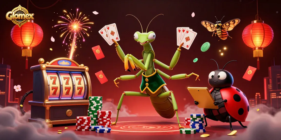 Engage in thrilling gaming with Glomex's vibrant casino scene featuring card dealing mantis and colorful motifs.