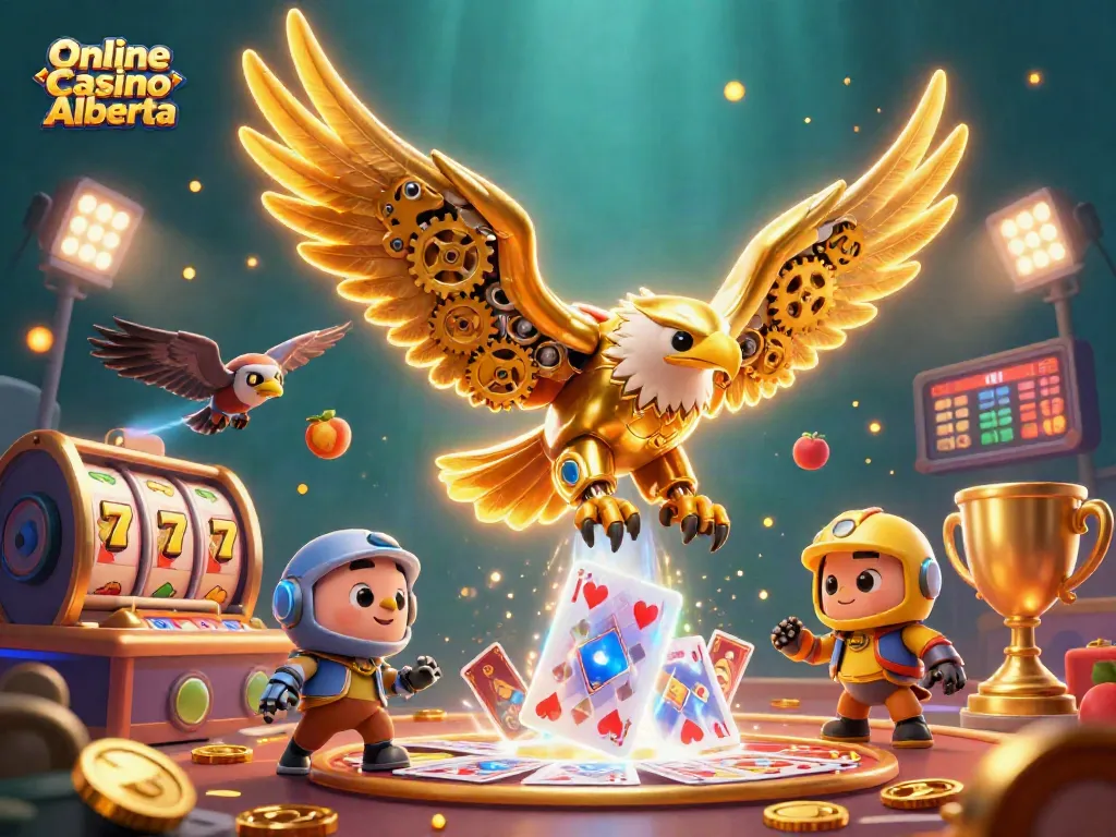 Experience thrilling action at Online Casino Alberta with a cybernetic eagle surrounded by slot reels.