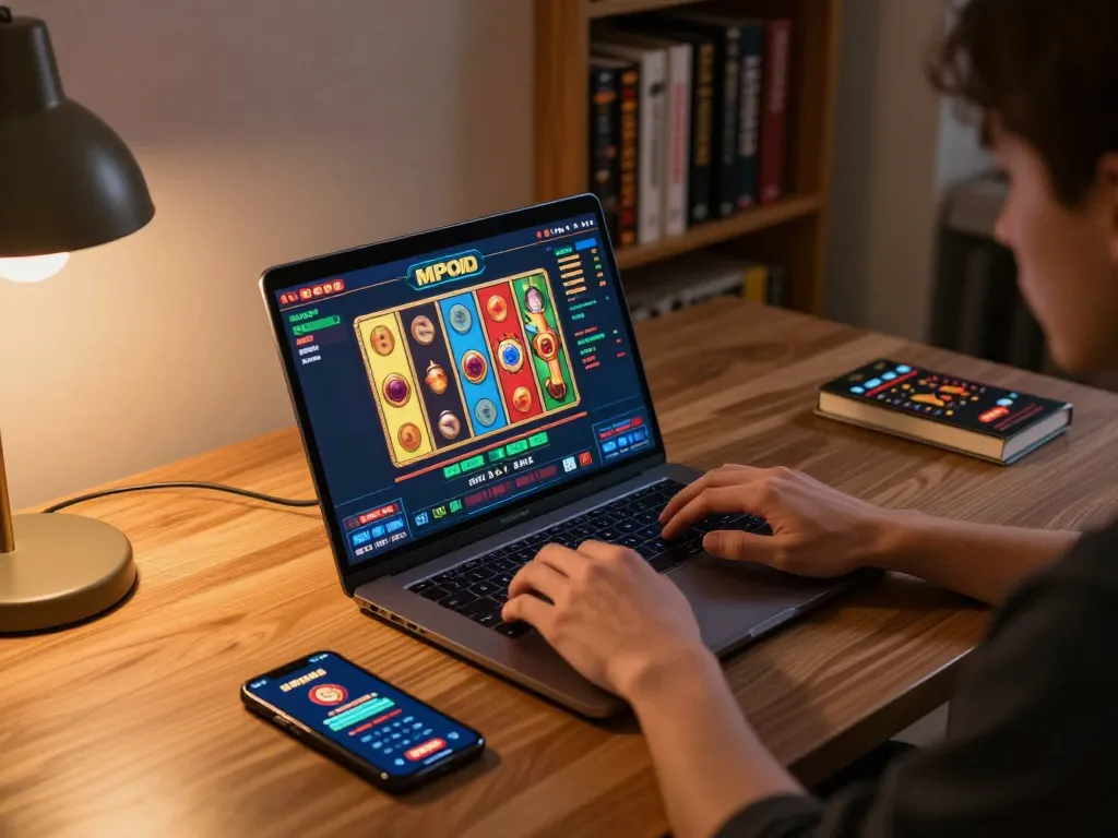 MPOID player enjoying interactive games at home with a laptop and smartphone notifications.