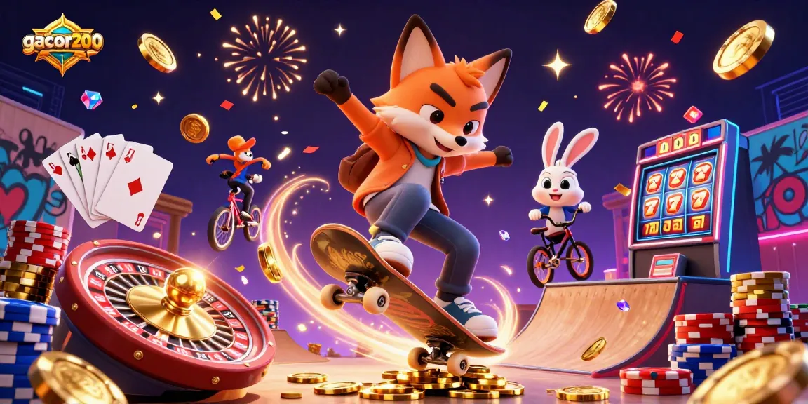 Witness the thrill of gacor200 gaming with vibrant characters and casino elements in a dynamic 3D illustration.
