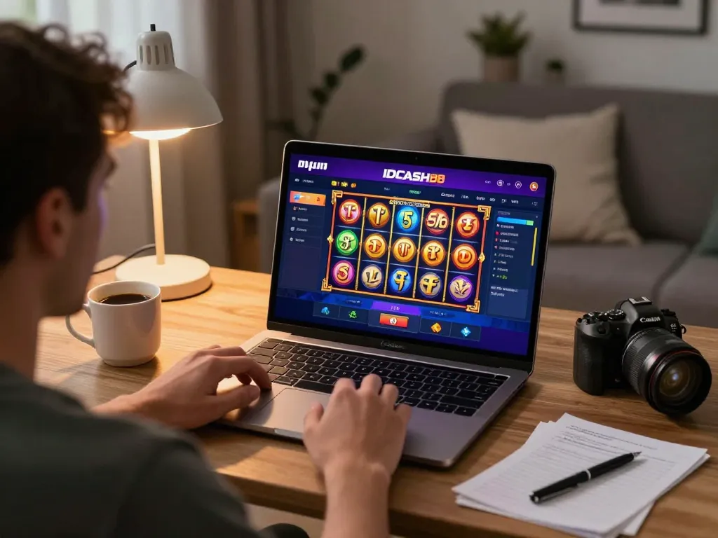 Experience thrilling gameplay on IDCASH88 as colorful slot reels spin in a cozy gaming setup