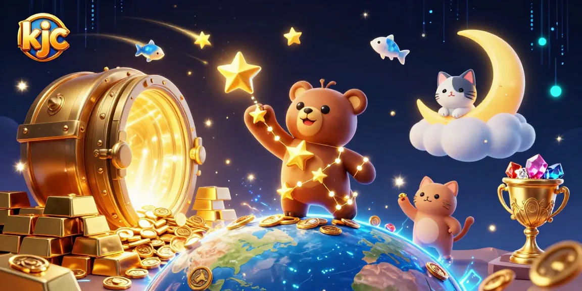 Gambler delights in kjc's treasure-filled world with cosmic bear and vibrant rewards.