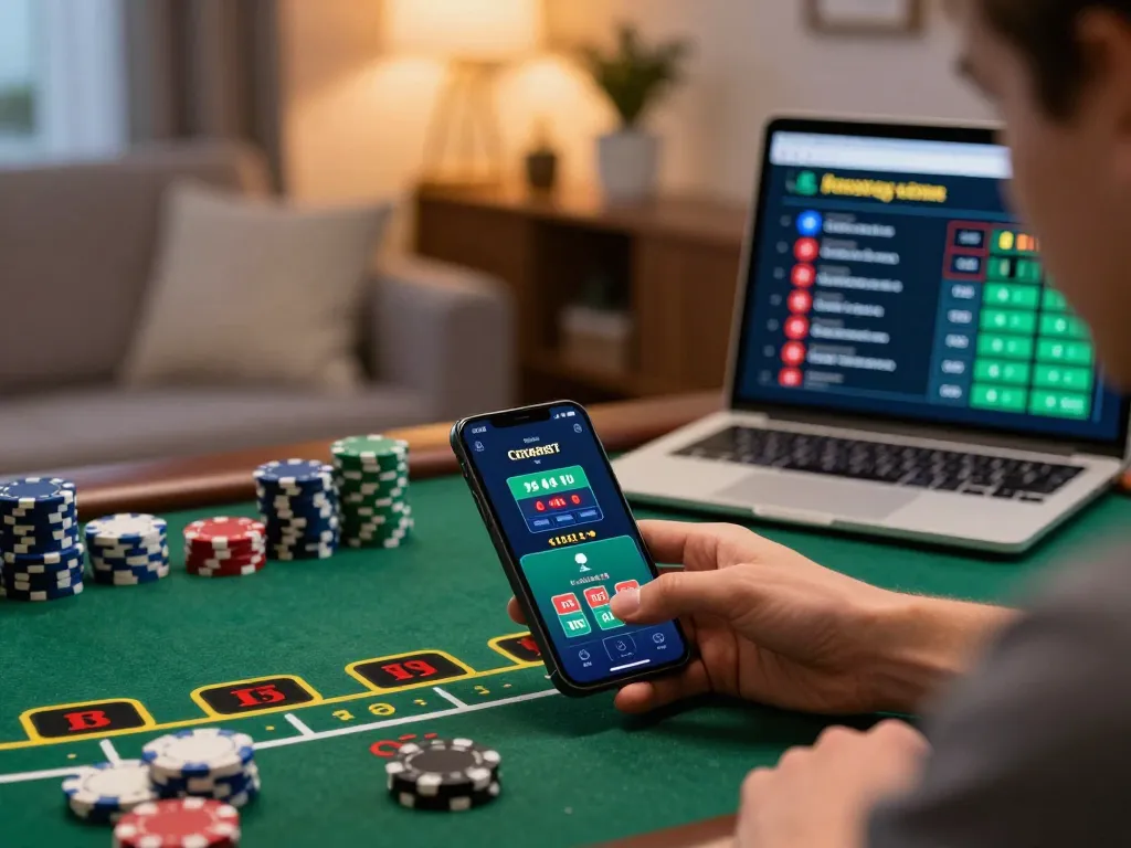 Engaging gameplay at kp88 online casino with a player poised to bet in a vibrant living room setting.