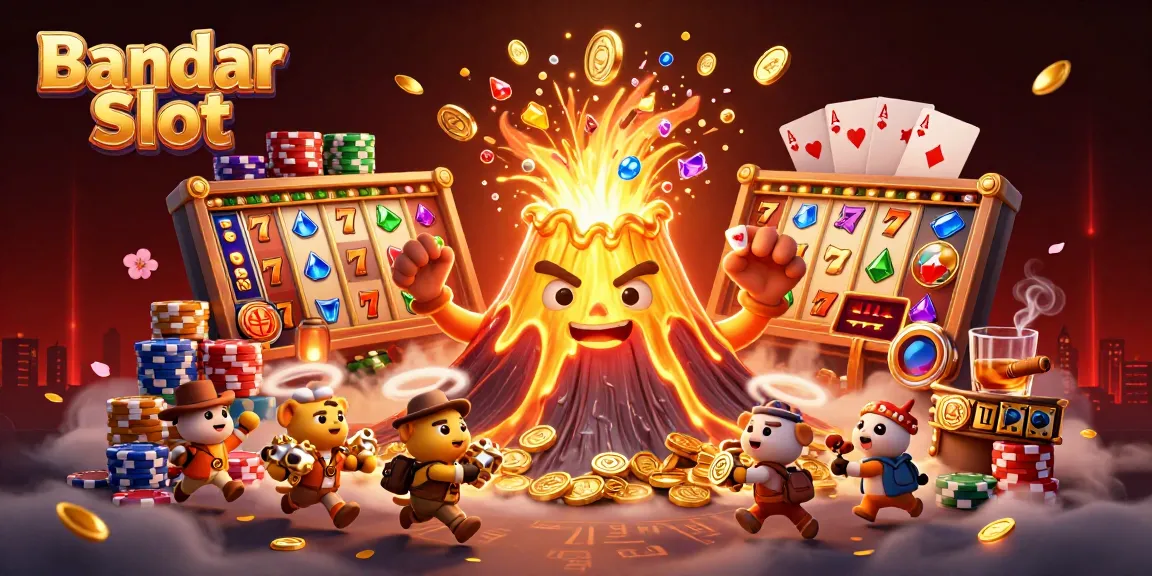 Menangkan hadiah dengan Bandar Slot melalui ilustrasi nan cerah dan menarik, penuh simbol slot dan petualangan.