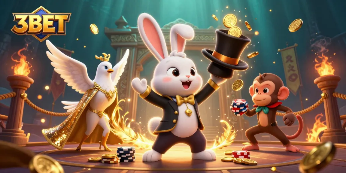 Engage with 3BET as a magician rabbit casts golden coins amidst vibrant casino elements.