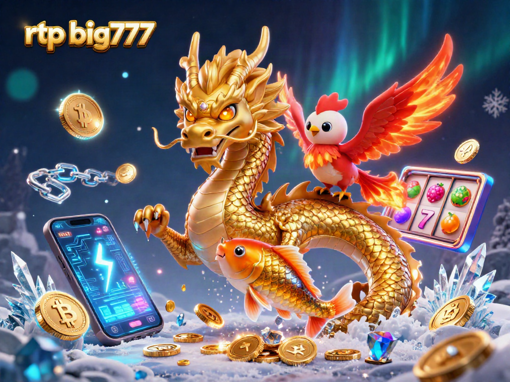 Melihat rtp big777 dalam ilustrasi 3D yang menampilkan naga emas dan ikan koi beruntung dalam suasana kasino.