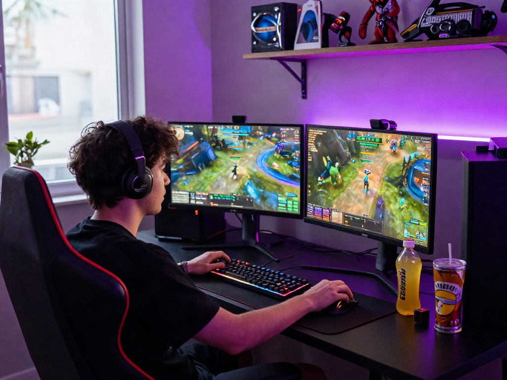 Exciting gaming setup with player engaged on www.mpocash.net, showcasing colorful gameplay and vibrant peripherals.